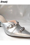 New Dropship 2023 Summer Sexy Women Mules Pump Sandals 7cm Thin High Heeled Big Size 43 Open Sole Moto Biker Rivets