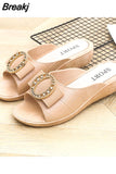 Ladies Sandals Summer Half Slippers Women's Fashion Square Buckle Casual Thick Heel Outer Wear Flat Sandals Slip on