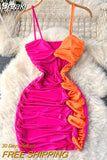 Summer Women Bodycon Dress Color Match Spaghetti Strap V Neck Sleeveless Cut Out Twist Ruched Tight Fit Night Out