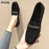 Autumn Winter Women Loafers Low Heels Boat Shoes Square Toe Dress Shoes Chain Faux Suede Plush Warm Ladies
