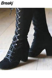 Black Boots Women Shoes Knee High Women Casual Vintage Retro Mid-Calf Boots Lace Up Thick Heels