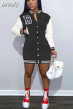Women Long Sleeve Single Breasted Sweatshirt Style Baseball Casual Mini Dress Autumn 2023 Street Active Dresses