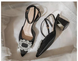 Strap Crystal Sandals for Women Pointed Toe High Heels Sandalias De Mujer Shiny Rhinestones Square Heeled