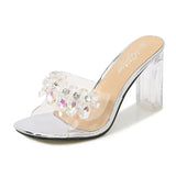 Fashion Girl Bow Crystal Slippers Sexy Transparent Dress Heel Shoes Summer Pearl Bowknot Design 2023 Elegant Party