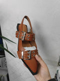 High Quality Women Sandals Pointed Toe Belt Buckle Flat Leather Femme Shoes Fashion Thick Bottom Sandals Designer