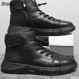 Boots Men Black PU Leather Shoes Autumn Winter Comfortable Platform Casual Shoes High-top 2023 Fashion Leahter Boots