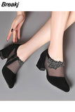 Women's Shoes High Heel 2023 Spring Fashion Flowers Square Heel Sandals Women Summer Size 43 Breathable Mesh Rhinestone