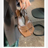 Summer New Leather Thin High Heels Slippers Women Slip On Square ToeFlip Flops Brand Sexy Slingback Party Sandals