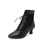 Women Victorian Pointed Toe Ankle Boot Fashion Leather Lace Up Spliced Ladies High Heel Shoe Women Short Boot Plus Size48