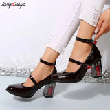 Fashion Burgundy Platform Pumps Women High Heels Buckle Strap Mary Jane Shoes Lady Goth Heeled for Party 18 Girls'