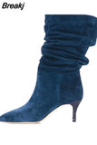 Women's Boots Snakeskin Print Pleated Mid Heel Party Shoes Pointed Toe Slip On Sexy Stiletto Women Motorcycle