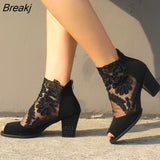 Woman Mesh Zip Sandals Sexy Lace Zip Peep Toe Summer Female Pumps Women's Square High Heel Fashion Shoes Ladies Plus Size