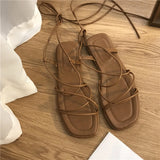 Shoes Women Sandals Narrow Band Vintage Square Toe Flat Cross Strap Thong Sandals V Shape Design Shoes