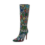 Knee High Boots for Women Sexy Stiletto Snakeskin Print Fashion Thin High Heels Shoes US Size