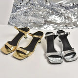 Gold Silver Mule Slippers Woman Luxury Square Toe High Heel Sandals Ladies Summer Slip-on Buckle Dress
