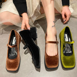 Janes Shoes Female Golden Velvet New Square Toe College Style Casual Pumps Fashion Shallow Buckle Shoes High Heel