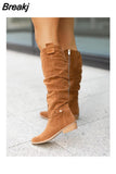 New Fashion Low Heel Side Zip Size 43 Suede Thigh High Women's Boots Retro Woman Booties Autumn Winter Knee High