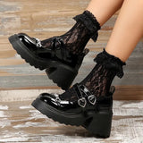Punk Dark Mary Jane Lolita Shoes Women Metal Decorative Chunky Platform Shoes Woman Double Buckle Patent Leather