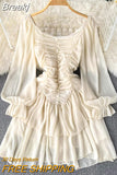 Elegant Women Chiffon Dress Fashion Spring Square Collar Long Sleeve Ruched High Waist Ruffles A-line Mini Party