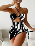 2025 New Digital Print Lady Sexy Conjoined Neck Triangle Mesh Three-Piece Set Hollow