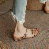 Women's Sandals Fashion Solid Cross Strap Female Flats 2cm 2023 Summer Square Head Outdoor Wear Belt Buckle Ladies