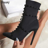 Fashion Luxury Women 11.5cm High Heels Fetish Rivets Silk Sock Boots Stiletto Ankle Boots Scarpins Studded Red Spring