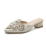 Half Slippers Women Shoe Autumn Rhinestone Chunky Mid Heel Slipper Sandals Fashion Muller Casual Versatile Single