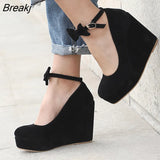 Women's High Heels Shoes Plus Size Platform Wedges Pumps for Woman Flock Buckle Bowtie Red Ankle Strap Wedding Shoes Round