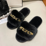 Fur Slippers 2024 New Fashion Chain Design Women Home Slippers Winter Indoor Open Toe Flat Non-slip Leisure Female