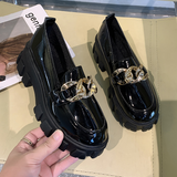Women Spring New Black Platform Flats Shoes Women Loafers Slip on Boat Shoes Metal Chain Designer Casual Leather