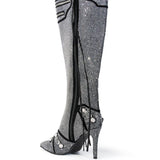 Breakj Pointy Tip With Ultra High Heel Side Open Zipper Rivets Buckle Diamond Large Size And Knee Boots High