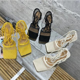 Fashion Sandals, Mesh Breathable Square Head Lace-up Women's Shoes, Women Sexy Seductive Mesh High Heels,