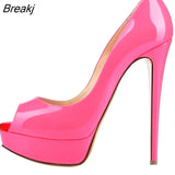Sexy Peep Toe Platform Women Pumps 14cm Super High Patent Leather Heels Shoes Red Wedding