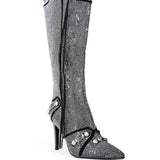 Breakj Pointy Tip With Ultra High Heel Side Open Zipper Rivets Buckle Diamond Large Size And Knee Boots High
