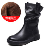 Breakj Layer Kraft Mid-Sleet Boots Women Autumn And Winter New Flat Bottom Comfortable Side Zipper Martin Boots Retro Style Horse