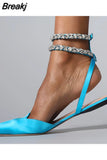 Crystal Ankle Strap Women Flat Slide Sandals Pointed Toe Fashion Bridals Evening Dress Party Lady Shoe