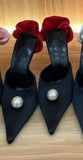 Breakj New Pointed Thin With Super High With Silk Rose Back Empty Pearl Large Size Baotou Slipper
