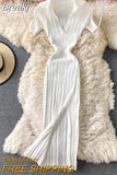Sexy V-neck Short-sleeved Knit Bodycon Dress Women Casual Summer Slim Elastic High Split Mid-calf Ribbed Long Dress