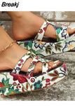 High Heeled Women's Slippers 2023 European Style Flower Pattern Comfy Walking Shoes Plus Size Summer Outside Lady