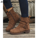 Autumn Retro Knight boots Women Round Toe Lace UP Ankle Boots Female Plus Size Flat Shoes Belt Buckle Suede Short