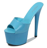 Size Female Slippers Outside PU Patent Leather Platform Super High Heels 17cm Thin Heel Solid Women's Shoes 2023 New