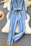 Jumpsuit Women Vintage Jeans Long Rompers Fashion Spring Autumn V-neck Full Sleeve Buttons Belted Casual Rompers