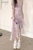 Summer Short Sleeve Fairy Floral Dress Woman Beach Party One Piece Dress Korean Style French Elegant Midi Dress Casual