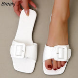 New Style Women Summer Slippers Buckle Strap Design Slippers Women Beach Flat Square Heel Lightweight Fashion Women