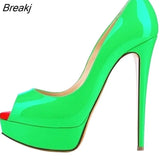 Sexy Peep Toe Platform Women Pumps 14cm Super High Patent Leather Heels Shoes Red Wedding