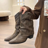 Rivets Western Boots for Women 2023 Autumn Winter PU Leather Mid Calf Boots Woman Thick Heels Pointed Toe Cowboy