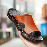 Men Slippers Genuine Leather Breathable Clogs Sandals Beach Classics Leather Slides Outdoor Flip Flops Plus Size Men