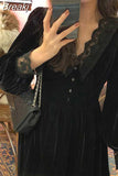 Vintage Dress Women Lace Velvet Black Elegant Party Dress Female Autumn 2023 High Waist Long Sleeve Midi Gothic