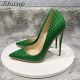 Green Crocodile Effect Women Sexy Pointy Toe High Heel Party Dress Shoes 8cm 10cm 12cm Slip On Stilettos Pumps Plus