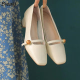 Summer Autumn Single Shoes Women's Thick Heel French Mary Jane Medium Heel Gentle Square Toe Retro Shallow Soft High